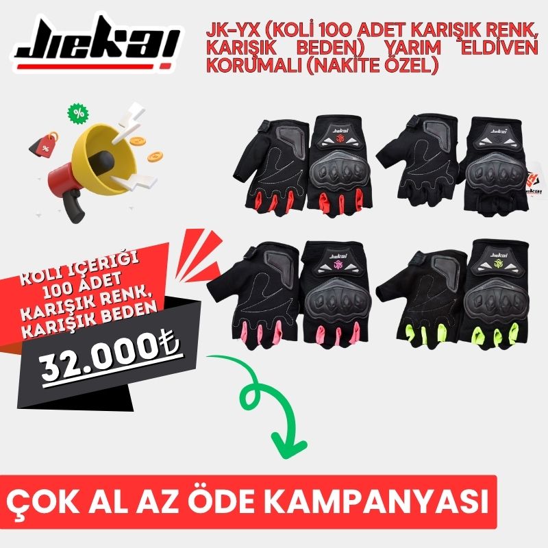 JK-YX (KOLİ 100 ADET KARIŞIK RENK, KARIŞIK BEDEN) YARIM ELDİVEN KORUMALI (NAKİTE ÖZEL)