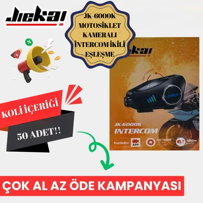 JİEKAİ JK-6000K MOTOSİKLET KAMERALI İNTERCOM İKİLİ EŞLEŞME ( HAFIZA KART HEDİYELİ ) * KOLİ İÇERİĞİ 50 ADET*