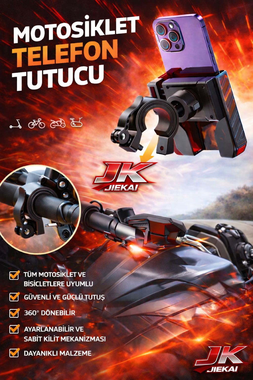 FM-44 MOTOSİKLET TELEFON TUTUCU AYNA VE GİDON APARATLI