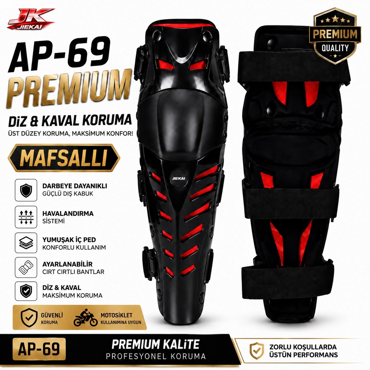 AP-69 PREMIUM MASFALLI KIRMIZI DETAYLI MOTOSİKLET DİZ VE KAVAL KORUMA SETİ AYARLANABİLİR BANTLI
