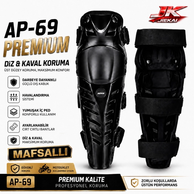 AP-69 PREMIUM MASFALLI TAM SİYAH MOTOSİKLET DİZ KAVAL KORUMA SETİ AYARLANABİLİR PROFESYONEL DİZLİK