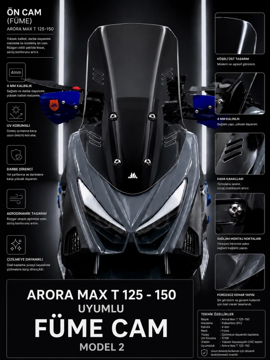 ARORA MAX-T UZUN TUR CAM FÜME MODEL 2 – N-MAX 2015-2020 UYUMLU 