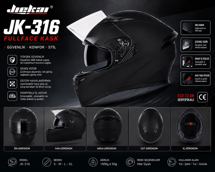 ÇOK YAKINDA STOKLARDA JİEKAİ JK-316-7 FULL FACE KASK MAT SİYAH