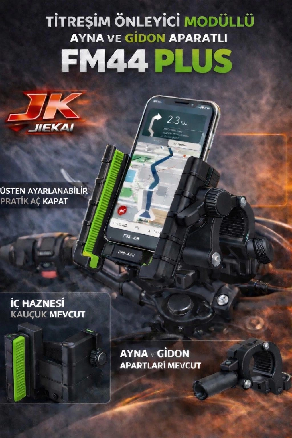FM-44 PLUS TİTREŞİM MODÜLLÜ MOTOSİKLET TELEFON TUTUCU AYNA VE GİDON APARATLI UNIVERSAL NEON YEŞİL