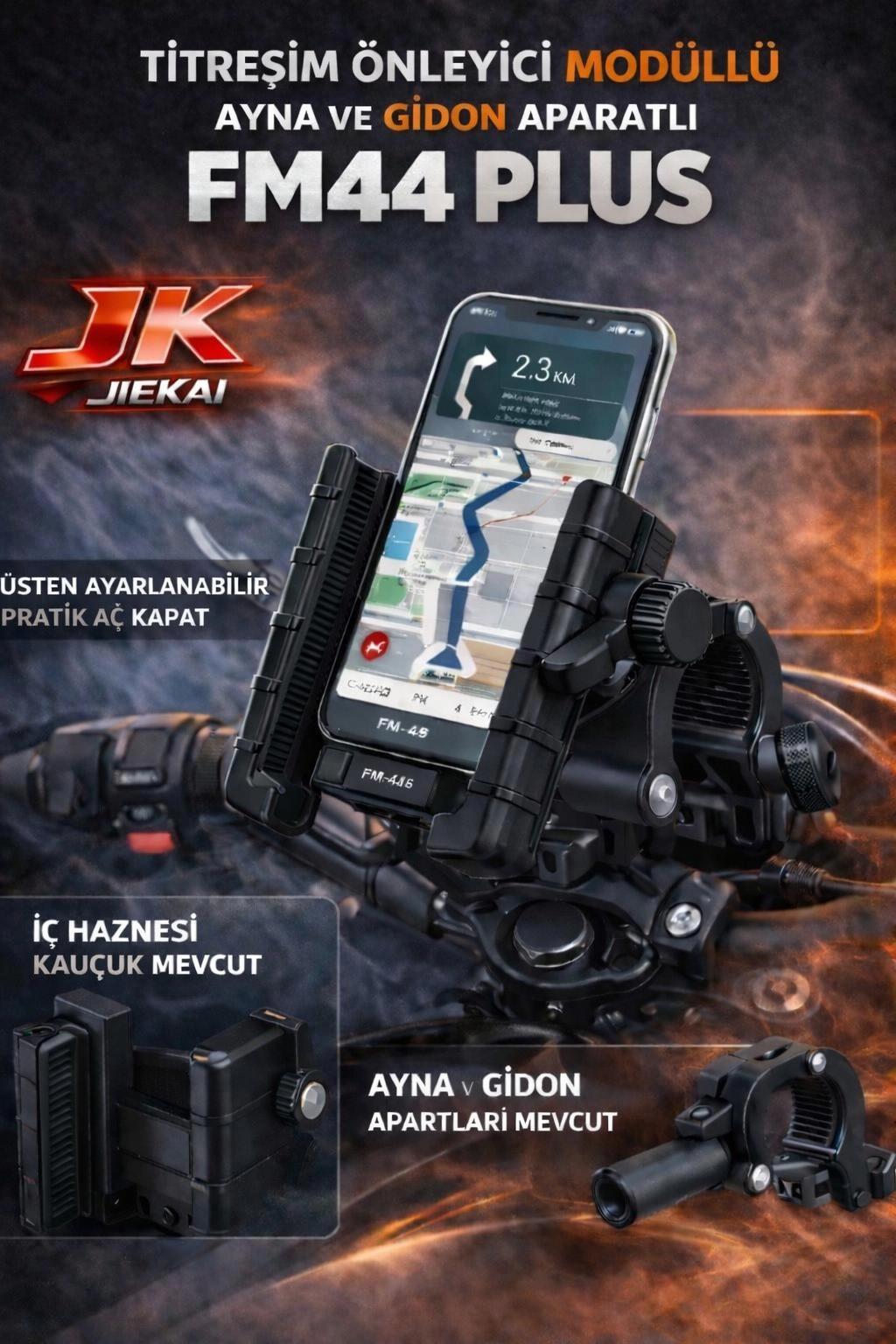 FM-44 PLUS TİTREŞİM MODÜLLÜ MOTOSİKLET TELEFON TUTUCU AYNA VE GİDON APARATLI UNIVERSAL SİYAH