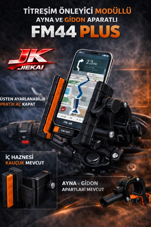 FM-44 PLUS TİTREŞİM MODÜLLÜ MOTOSİKLET TELEFON TUTUCU AYNA VE GİDON APARATLI UNIVERSAL TURUNCU