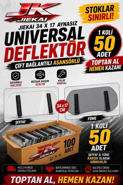 JİEKAİ BAYİLERİNE ÖZEL KAMPANYASI UNIVERSAL ÇİFT BAĞLANTILI ASANSÖRLÜ DEFLEKTÖR 34X17 ŞEFFAF-FÜME ÇOK SATANLAR/SINIRLI STOK (KOLİ FİYAT)
