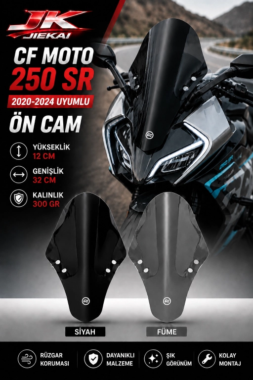 JİEKAİ CF Moto 250 SR 2020-2024 Uyumlu Ön Cam Siyah- CFSR250 (CF LOGOLU)