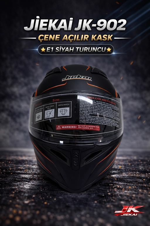 JİEKAİ JK-902 ÇENE AÇILIR KASK * ÇENE PEDLİ * E1 SİYAH TURUNCU