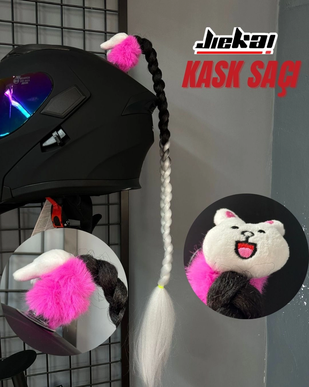 JİEKAİ KASK SAÇI TOKALI SİYAH-BEYAZ GEÇİŞLİ RENK DÜZ ÖRGÜ MODEL-13