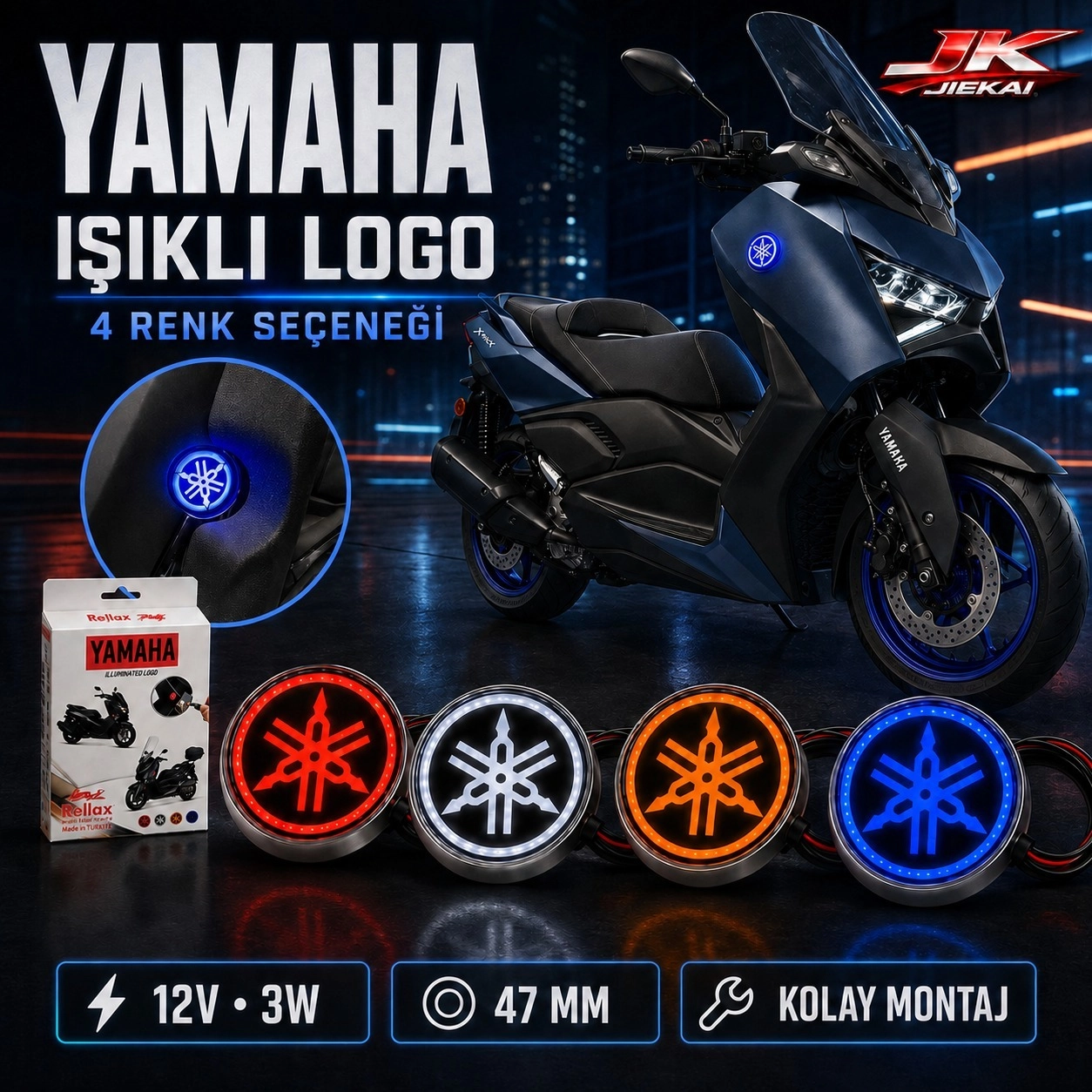 Jiekai Yamaha Uyumlu 12V LED Işıklı Motosiklet Logosu Üniversal 47 mm 3W