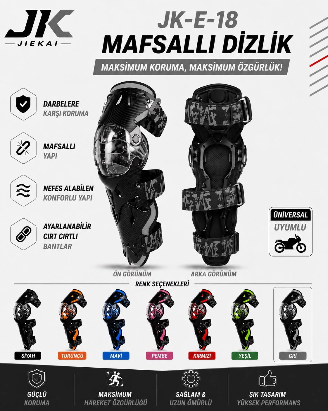 JK-E-18 MAFSALLI MOTOSİKLET DİZLİK AYARLANABİLİR KORUYUCU GRİ