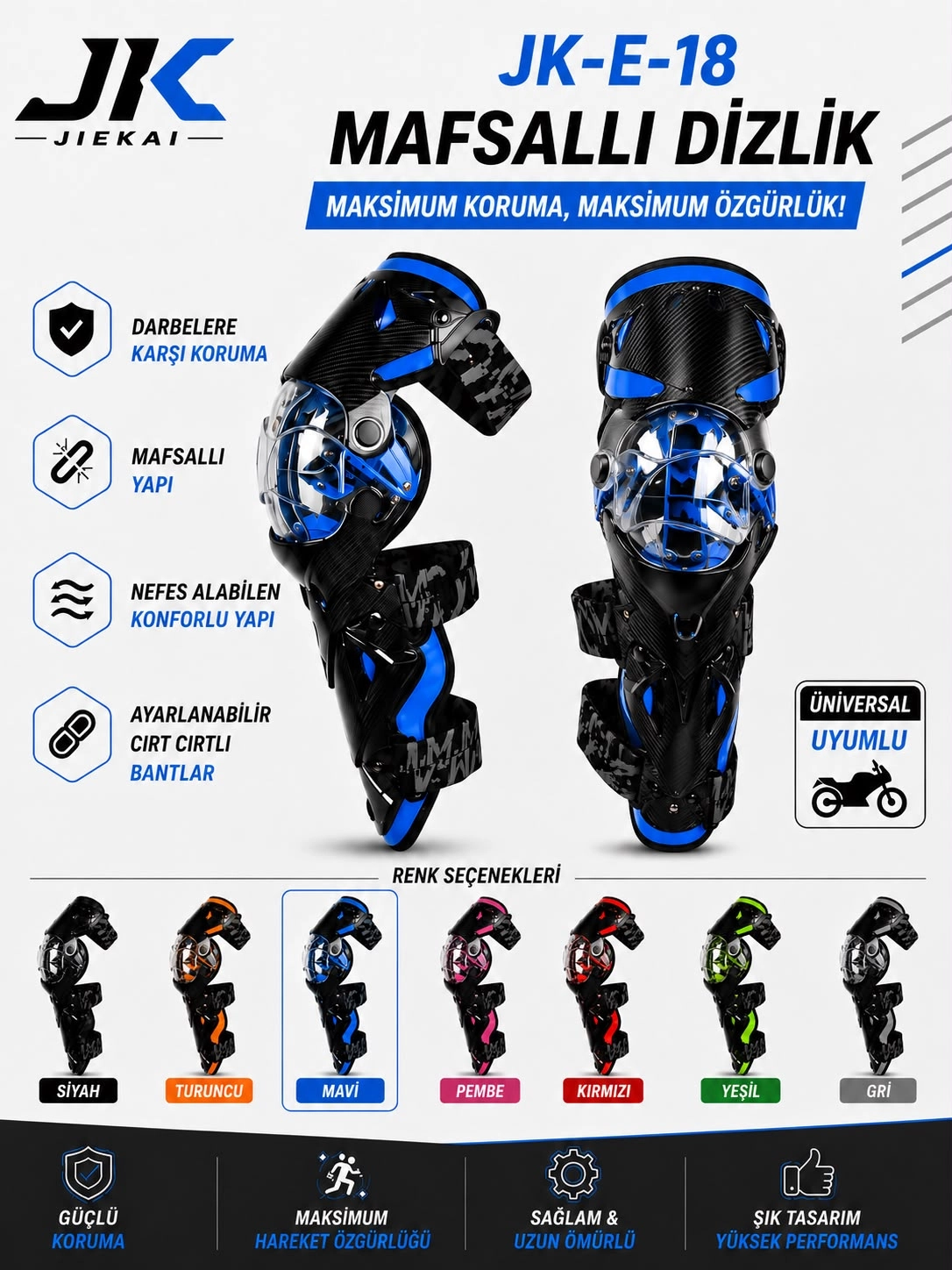 JK-E-18 MAFSALLI MOTOSİKLET DİZLİK AYARLANABİLİR KORUYUCU MAVİ