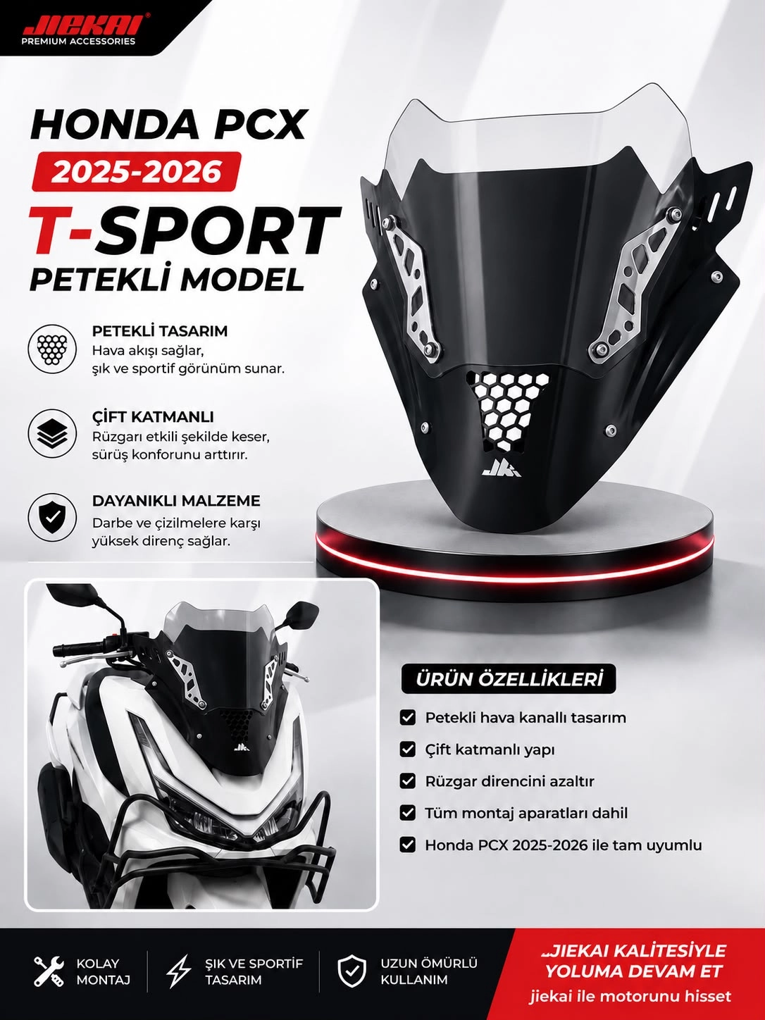 JK JİEKAİ Honda PCX 2025-2026 *T*-Sport Ön Cam - PETEKLİ MODEL (SİLVER)