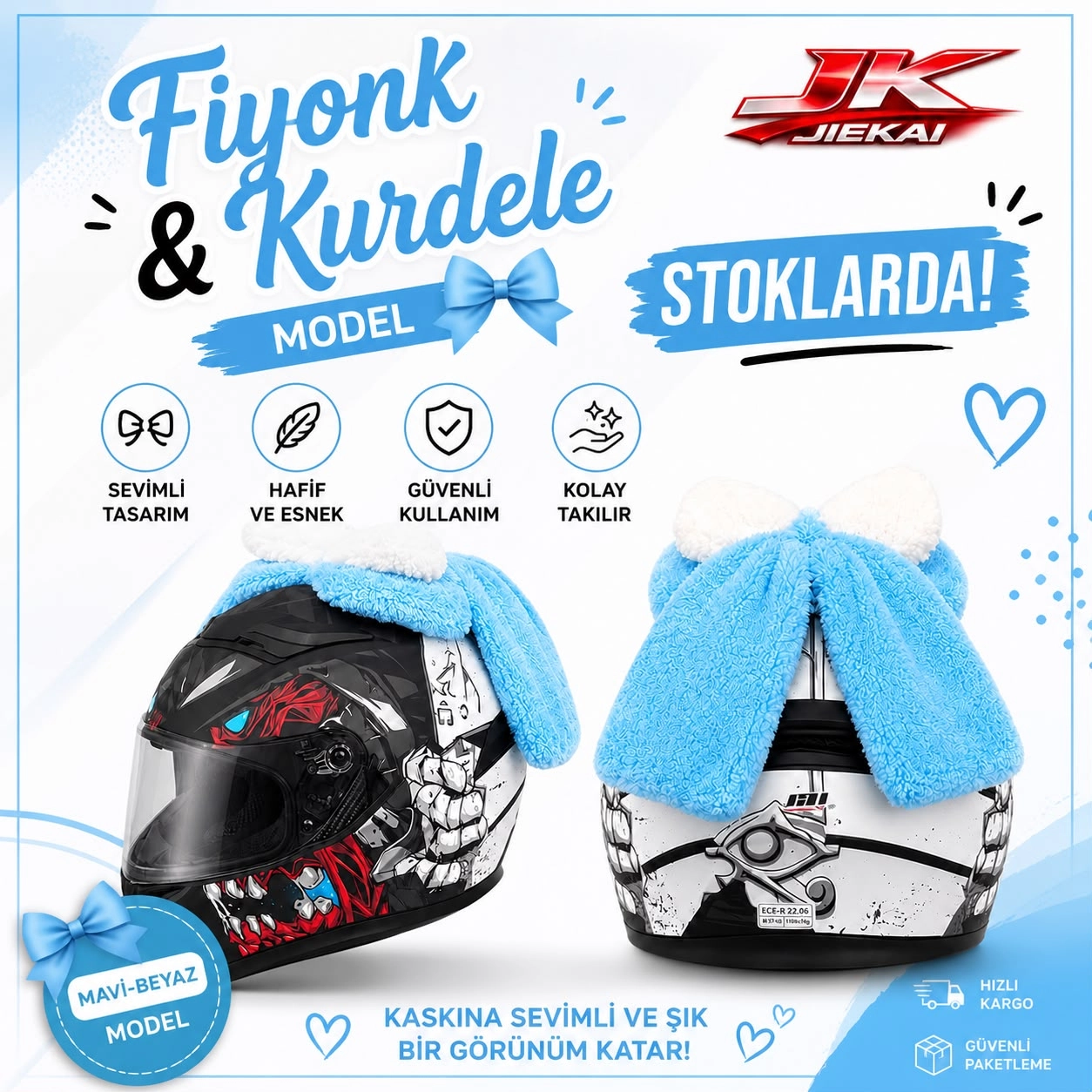 JK JİEKAİ PELUŞ KASK KURDELE & FİYONK MAVİ - BEYAZ (KASK DAHİL DEĞİLDİR)