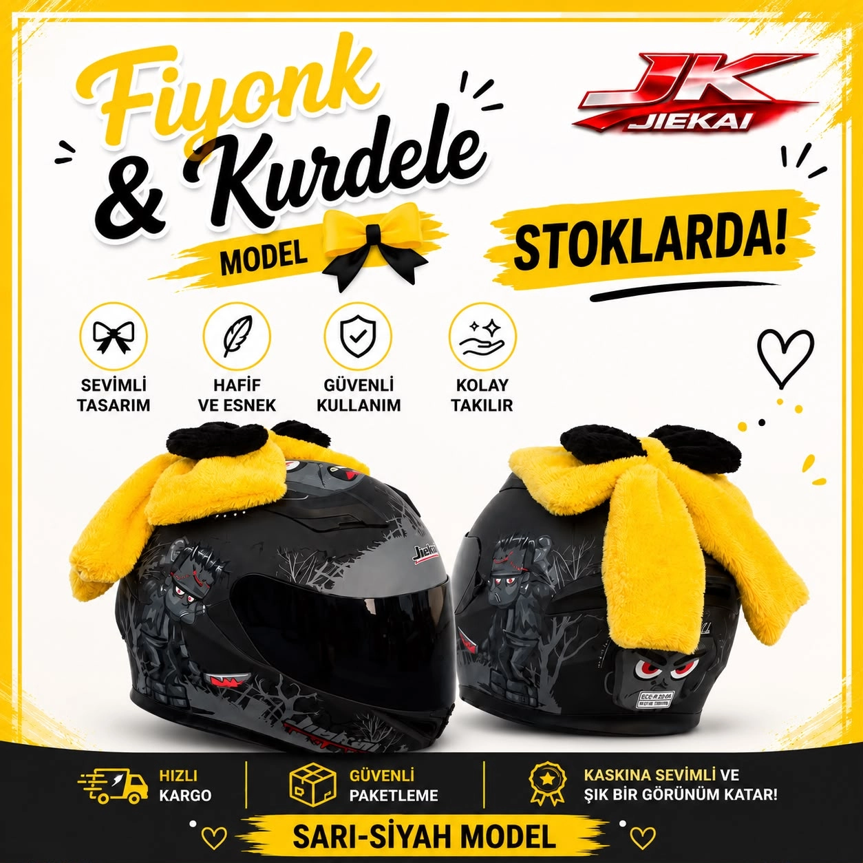 JK JİEKAİ PELUŞ KASK KURDELE & FİYONK SARI-SİYAH (KASK DAHİL DEĞİLDİR)