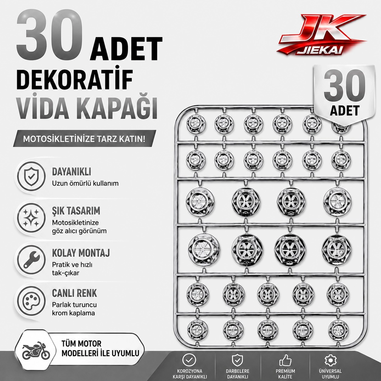 MOTOSİKLET DEKORATİF VİDA KAPAĞI 30 PARÇA SET ABS PLASTİK CİVATA SÜS KAPAĞI GÜMÜŞ