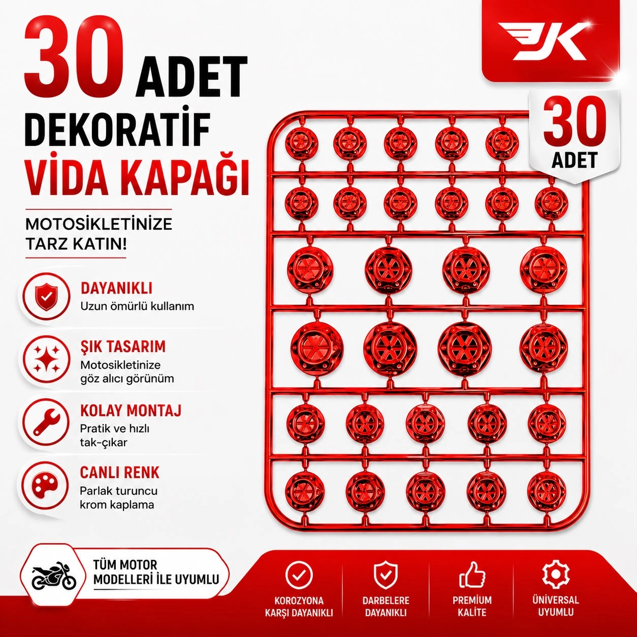 MOTOSİKLET DEKORATİF VİDA KAPAĞI 30 PARÇA SET ABS PLASTİK CİVATA SÜS KAPAĞI KIRMIZI