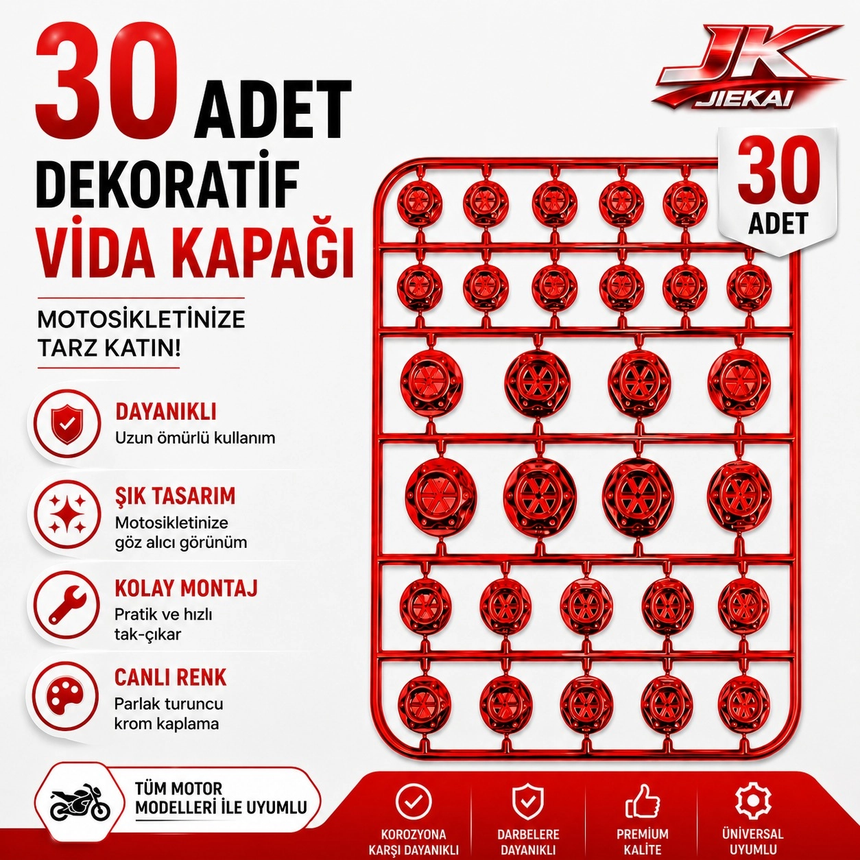 MOTOSİKLET DEKORATİF VİDA KAPAĞI 30 PARÇA SET ABS PLASTİK CİVATA SÜS KAPAĞI KIRMIZI