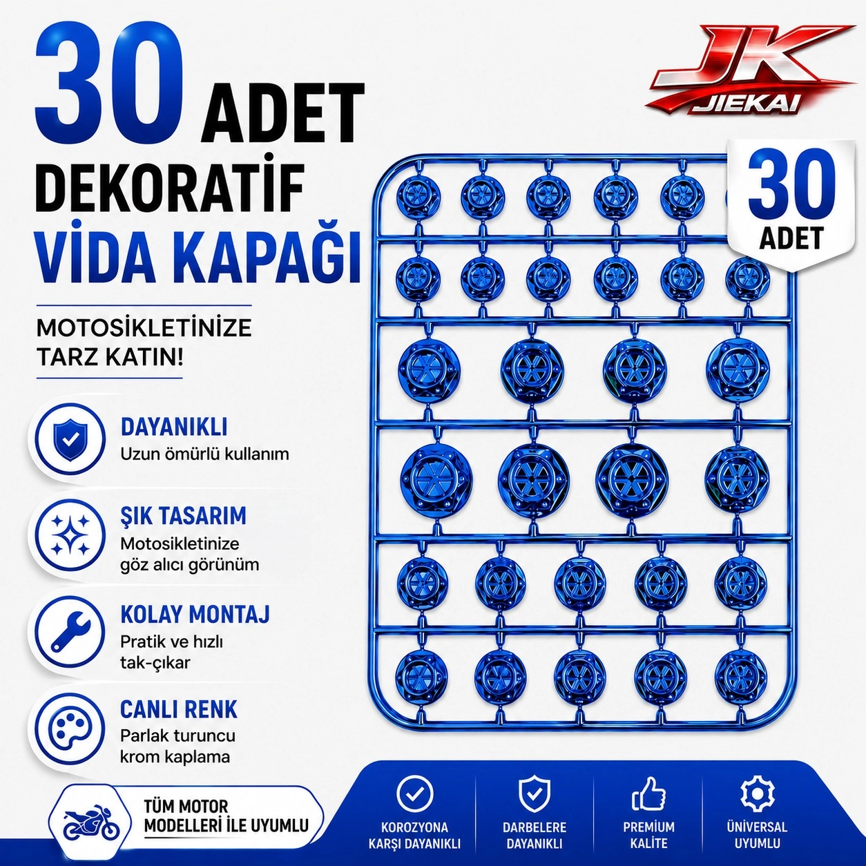 MOTOSİKLET DEKORATİF VİDA KAPAĞI 30 PARÇA SET ABS PLASTİK CİVATA SÜS KAPAĞI MAVİ