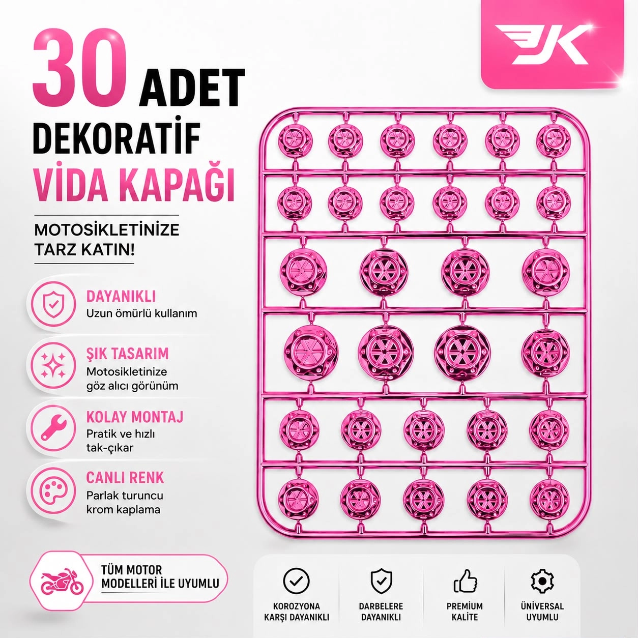 MOTOSİKLET DEKORATİF VİDA KAPAĞI 30 PARÇA SET ABS PLASTİK CİVATA SÜS KAPAĞI PEMBE