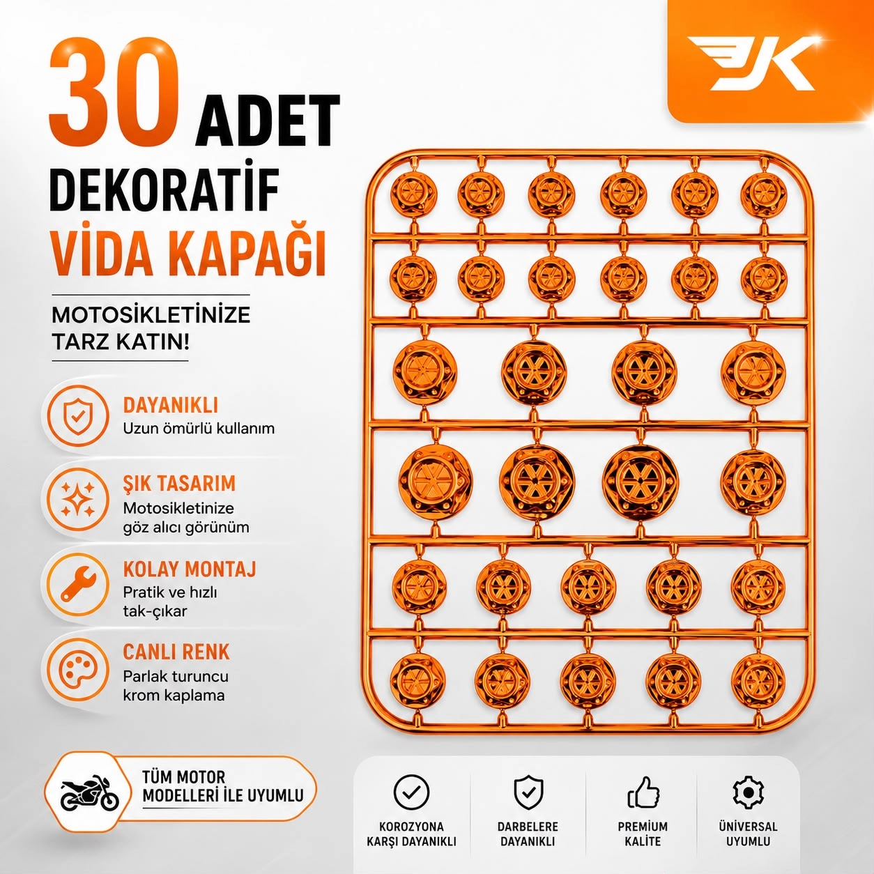 MOTOSİKLET DEKORATİF VİDA KAPAĞI 30 PARÇA SET ABS PLASTİK CİVATA SÜS KAPAĞI TURUNCU 