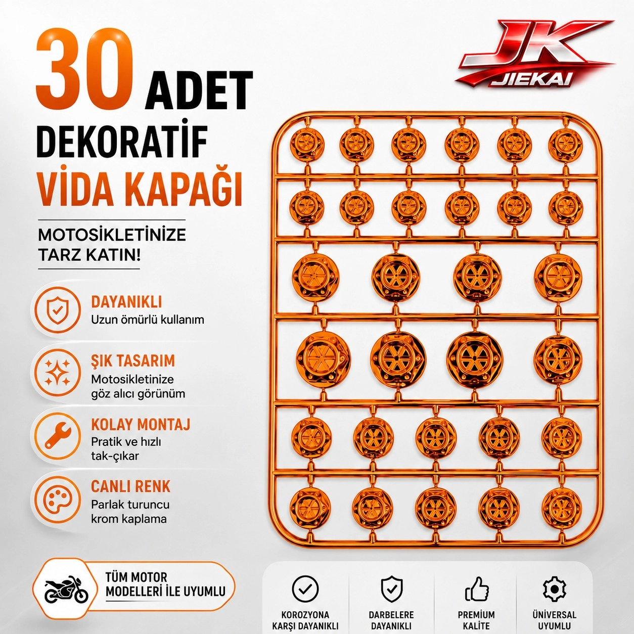 MOTOSİKLET DEKORATİF VİDA KAPAĞI 30 PARÇA SET ABS PLASTİK CİVATA SÜS KAPAĞI TURUNCU 