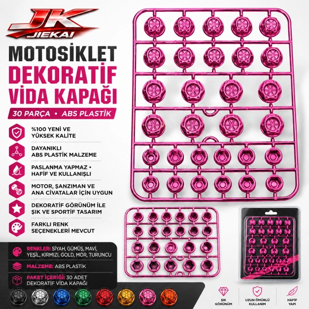 MOTOSİKLET DEKORATİF VİDA KAPAĞI 30 PARÇA SET ABS PLASTİK CİVATA SÜS KAPAĞI PEMBE