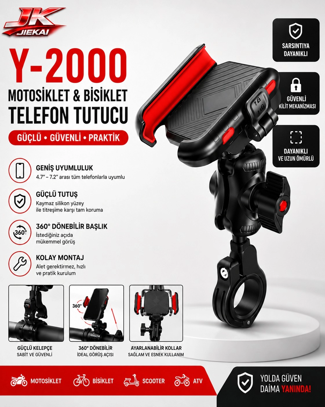 Y-2000  TİTREŞİM MODÜLLÜ  MOTOSİKLET BİSİKLET TELEFON TUTUCU 360° DÖNEBİLİR GÜVENLİ KİLİTLİ GİDON APARATI