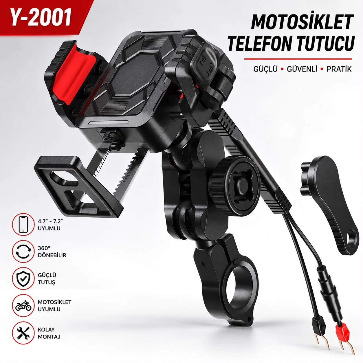  Y-2001 TİTREŞİM MODÜLLÜ MOTOSİKLET TELEFON TUTUCU 360° DÖNEBİLİR GÜÇLÜ KAVRAMA