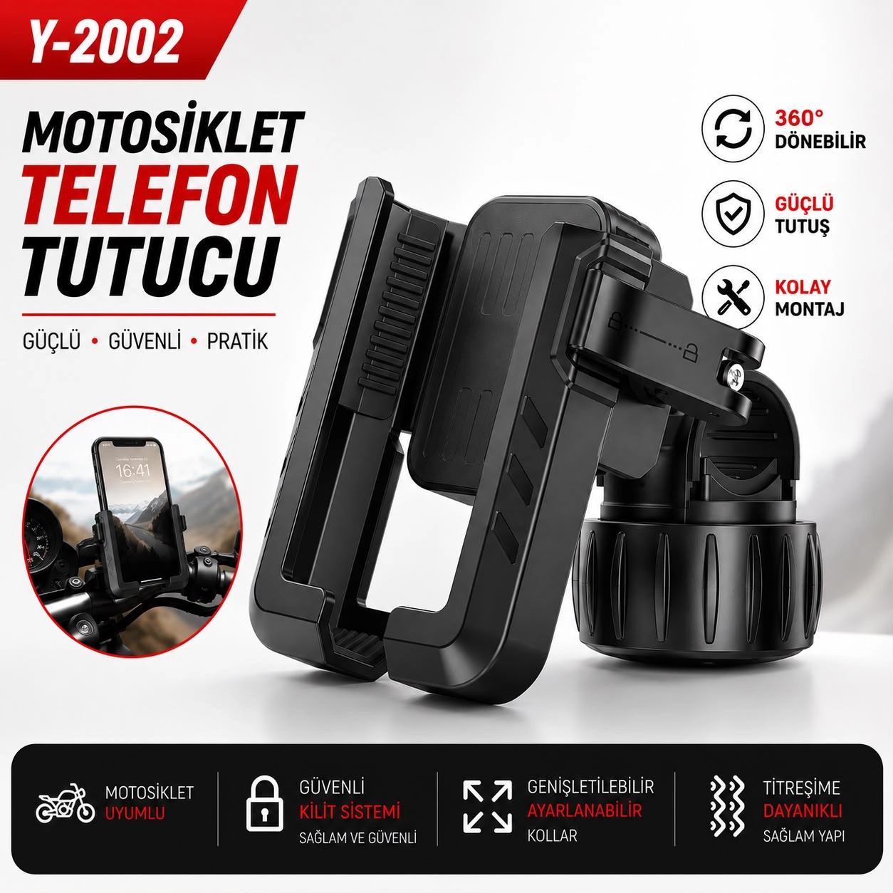Y-2002 MOTOSİKLET TELEFON TUTUCU 360° DÖNEBİLİR GÜVENLİ KİLİTLİ MODEL 